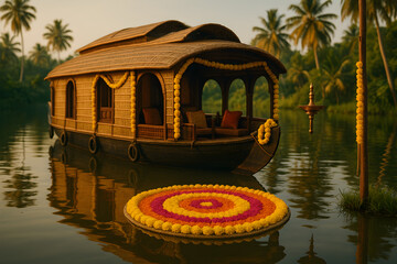 Traditional Kerala houseboat decorated with marigold flowers and floating floral rangoli during festival in backwaters at sunset