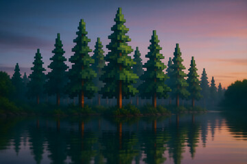 Obraz premium Pixel art pine forest reflected in calm lake at sunrise with misty atmosphere