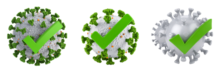 Three Dimensional Render of Coronavirus Structures with Green Checkmark on Black Background