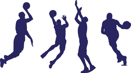 Basketball player silhouettes, sports activity vector, basketball action clipart, athlete jumping shadow, basketball dunk illustration, sports competition silhouettes, ball game vector design, basketb