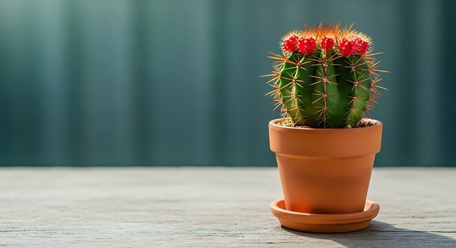 Potted barrel cactus with vibrant pink bloom standing tall in bright sunlight