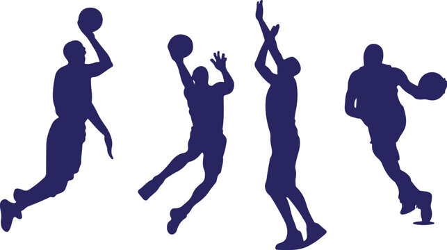 Basketball player silhouettes, sports activity vector, basketball action clipart, athlete jumping shadow, basketball dunk illustration, sports competition silhouettes, ball game vector design, basketb - Powered by Adobe