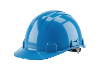 Blue construction hard hat safety helmet for worker protection on building site, isolated on transparent background