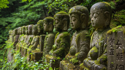 Fototapeta premium Ancient Buddhist Stone Statues in Japan. A row of weathered stone statues of Buddhist deities, covered with moss, set in a lush green forest. A peaceful and spiritual heritage site in Japan.