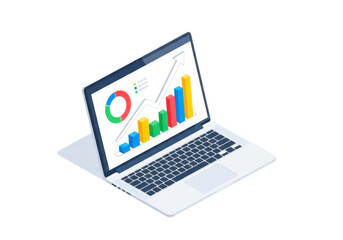 Modern laptop displaying financial charts and graphs for data analysis transparent background