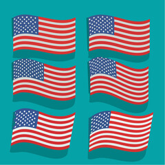 Six Waving American Flags Vector Illustrations for Patriotic Designs