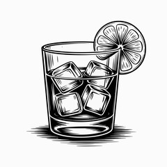 drink, beverage, lemon, ice, cubes, glass, cold, refreshment, cocktail, liquor, whiskey, soda, lime, citrus, chill, bar, alcohol, mixer, garnish, summer, vintage, classic, sketch, drawing, illustratio