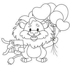 Cute Lion with Balloons and Gift coloring page Vector Illustration
