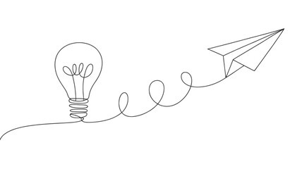 Continuous line drawing of light bulb and paper plane symbolizing innovation, creativity, startup ideas, and business growth concept