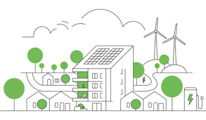 eco-friendly neighborhood illustration with solar panels, wind turbines, EV charger, and green trees—concept of sustainability and clean energy © Mushtaq