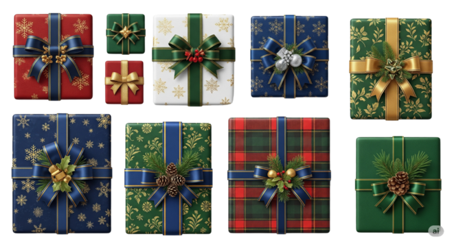 Christmas luxury gift present festive pattern top down view PNG set, cutout isolated on transparent background. Winter Holiday gifting season graphic ... See More



