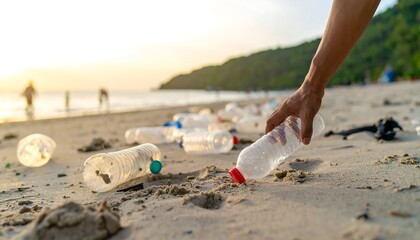 Beach cleanup, plastic bottles