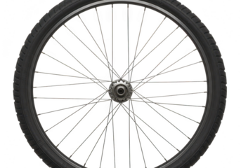 Closeup of a bicycle wheel with spokes and tire, isolated on a transparent background