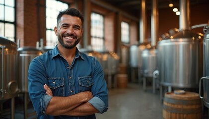 Smiling Hispanic brewery owner with arms crossed stands confidently inside industrial facility. Background shows stainless steel beer tanks, wooden barrels. Focus on Latino entrepreneur in brewing
