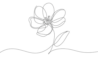 continuous line drawing of blooming flower with leaf, minimalist botanical illustration symbolizing beauty, growth, and nature