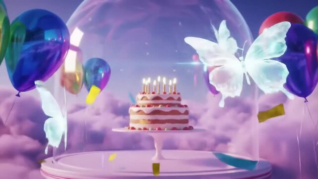 Vibrant celebration with glowing balloons, confetti, and a festive birthday cake under a dreamlike sky
