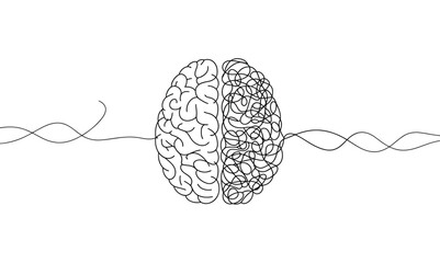 continuous line drawing of brain with structured and chaotic halves, minimalist concept of logic vs emotion, mental health, and duality