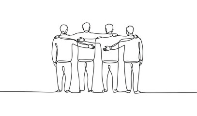 continuous line drawing of four people standing arm in arm, minimalist illustration symbolizing friendship, unity, support, and togetherness