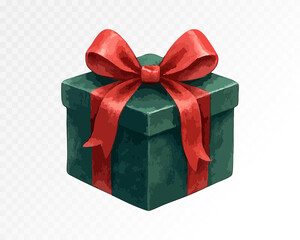 Festive green gift box with red ribbon bow, Christmas present watercolor illustration for holiday celebration, winter decor and event design. Vector illustration.