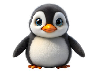 Adorable fluffy cartoon baby penguin with big eyes isolated on transparent background