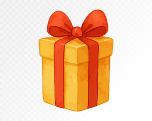 Bright yellow gift box with red bow, cartoon festive present illustration for birthday, Christmas, party celebration and holiday decor. Vector illustration.