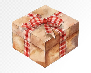 Vintage brown gift box with red checkered ribbon, watercolor festive present illustration for Christmas, birthday and celebration decor. Vector illustration.