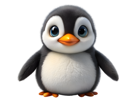 Adorable fluffy cartoon baby penguin with big eyes isolated on transparent background