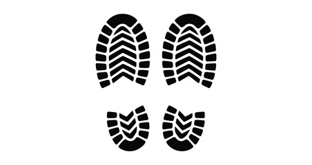 black boot and shoe print icons isolated on white background, minimal footprint symbols for hiking, walking, travel, or outdoor activity