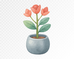 Potted plant with blooming red flowers and fresh green leaves in a gray ceramic pot, lovely decorative botanical accent. Vector illustration, watercolor.