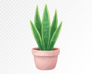 Tall green succulent with pointed leaves in a pink pot, modern botanical design element for minimalist interiors. Vector illustration, watercolor.