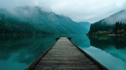 Mystic Fog-Enveloped Lake: Long Wooden Pier Amidst Emerald Blue Waters and Green Mountains