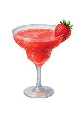 Strawberry Daiquiri cocktail watercolor illustration, fruity tropical rum drink with fresh strawberries and lime. Vector isolated on white background.