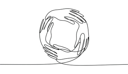 continuous line drawing of hands forming a circle, minimalist symbol of unity, support, teamwork, and global connection on white background