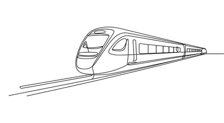 continuous line drawing of modern high-speed train on tracks, minimalist transportation illustration symbolizing travel, mobility, and progress © Mushtaq