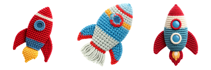 Three Colorful Knitted Rockets Against Transparent Background Ready For Space Travel
