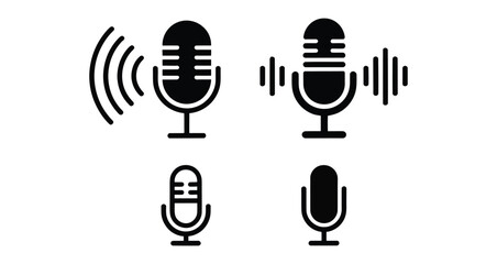 set of black microphone icons with sound waves isolated on white background, minimal audio symbols for podcast, music, or broadcasting