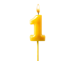 A bright yellow birthday candle shaped like the number one, with a lit flame, isolated on a transparent background, symbolizing celebration and achievement