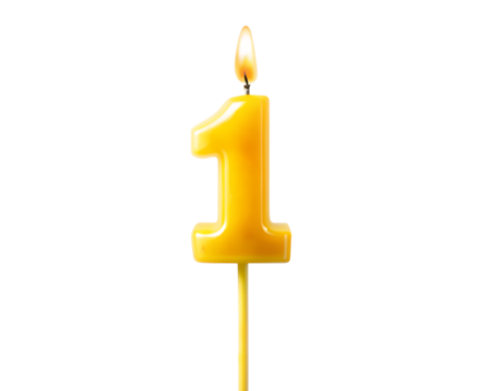 A bright yellow birthday candle shaped like the number one, with a lit flame, isolated on a transparent background, symbolizing celebration and achievement