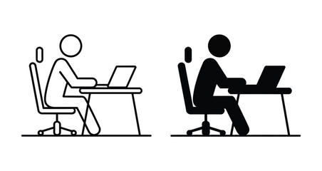 black and white icon set of person working at desk with laptop, minimal workplace symbols for office, remote work, or productivity