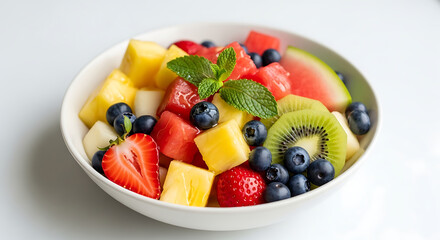 A colorful fruit salad with watermelon, pineapple, blueberries, strawberries, kiwi, and mint leaves in a white bowl on a white table