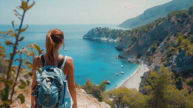 A woman stands at the edge of the water, looking out at the view with her backpack by her side