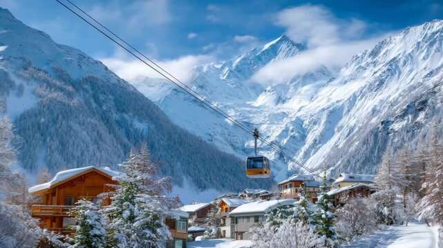 Cinematic tracking shot of a cable car gliding over snowy alpine mountains, winter resort scenery, ski slopes, and frosty peaks for travel, tourism, and adventure visuals.

