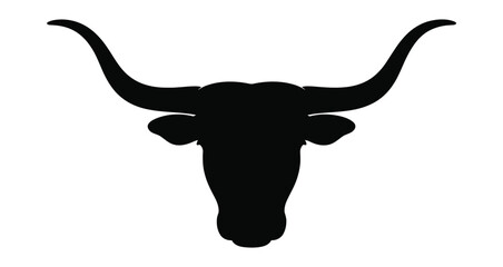 black silhouette of longhorn bull head isolated on white background, bold western symbol for strength, ranch, cattle, or cowboy themes