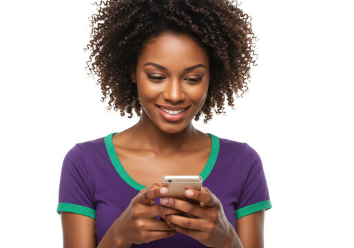 Young african american woman with curly dark hair smiling while holding and looking at her smartphone, isolated on transparent background