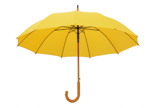 A bright yellow open umbrella isolated on transparent background, ready to protect from rain or sun