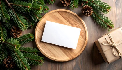 Festive Holiday Card on Wooden Plate Surrounded by Evergreen Branches and Pinecones