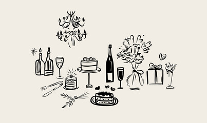 Minimalist hand drawn food and drink vector illustration. Wine, champagne glass, cheese, cake drawings for wedding invitations, menus and parties. Ink doodle sketch style