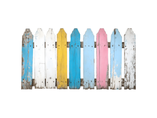A row of colorful, weathered wooden fence pickets with a rustic, distressed finish