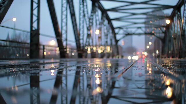 Steel bridge reflection after rain in city on overcast day