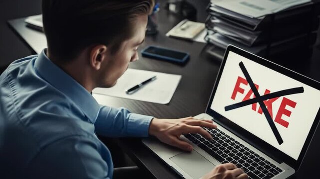 A man typing on a laptop with a fake text displayed on the screen, indicating misinformation or unverified content awareness footage.